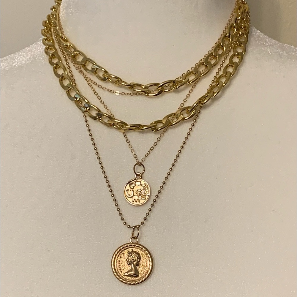 Gold Tone Layered Coin Pendant Necklace